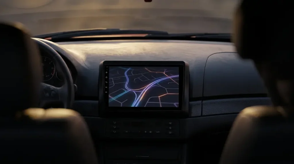 Android multimedija za auto ugrađena u centralnu konzolu, sa upaljenim ekranom u večernjim satima