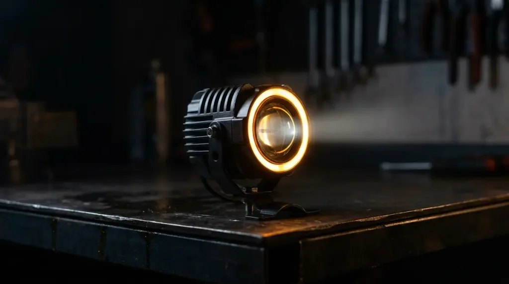 LED far za motor sa upaljenim angel eye prstenom na radnom stolu u mračnoj garaži