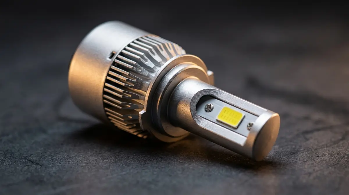 Krupni plan aluminijumskih rebara za hlađenje na telu LED sijalice za auto