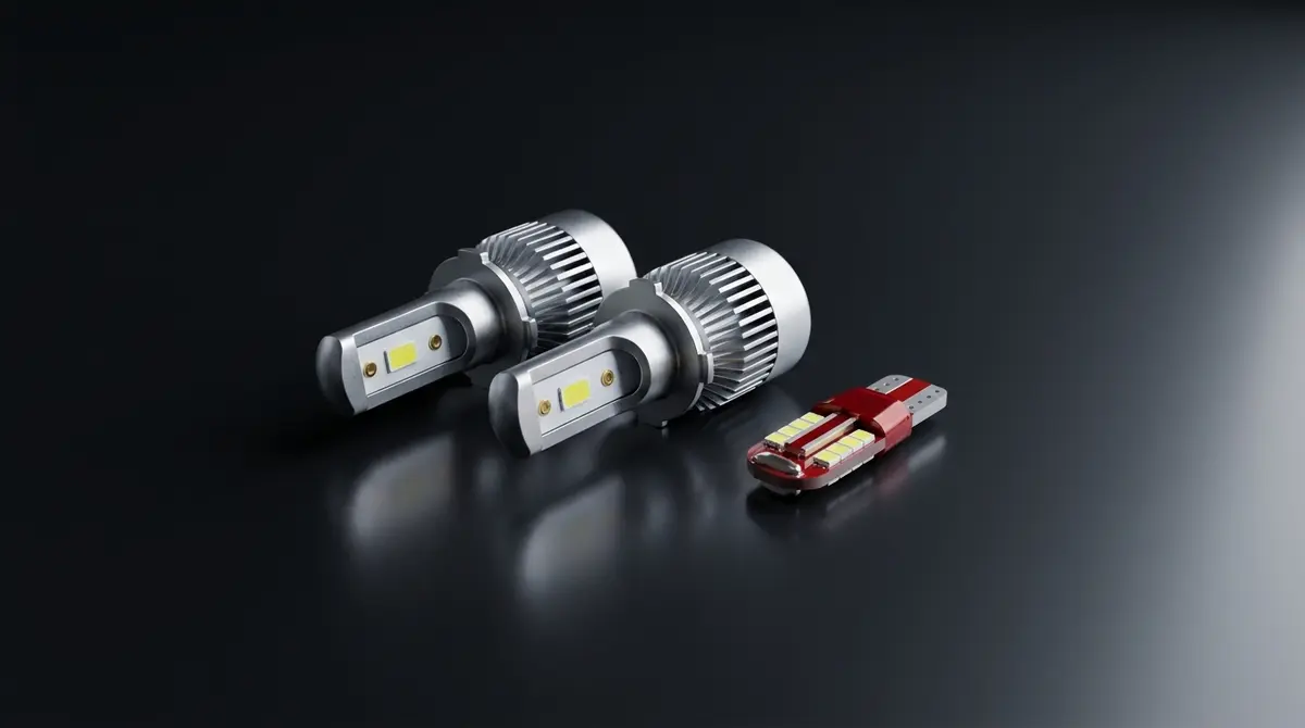 Par LED H7 sijalica i manja LED T10 sijalica poređani jedan do drugog na tamnoj podlozi