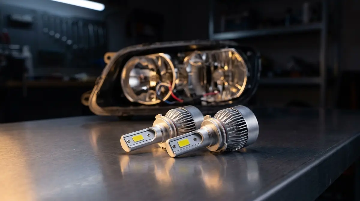 Par LED H7 sijalica na radnom stolu ispred otvorenog fara automobila u garaži